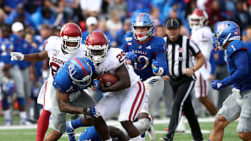 LAWRENCE, KANSAS - OCTOBER 05: Running back Rhamondre Stevenson #29 of the Oklahoma Sooners carries the ball during the game against the Kansas Jayhawks at Memorial Stadium on October 05, 2019 in Lawrence, Kansas. (Photo by Jamie Squire/Getty Images)