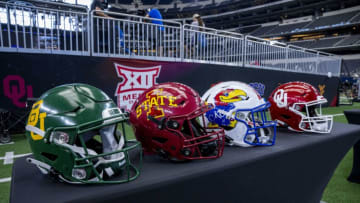 Jul 13, 2022; Arlington, TX, USA; A view of the helmets oof the Baylor Bears and the Iowa State Cyclones and the Kansas Jayhawks and the Oklahoma Sooners during the Big 12 Media Day at AT&T Stadium. Mandatory Credit: Jerome Miron-USA TODAY Sports