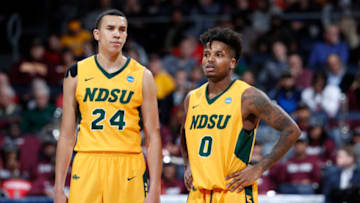 DAYTON, OHIO - MARCH 20: Tyson Ward #24 and Vinnie Shahid #0 of the North Dakota State Bison react during the second half against the North Carolina Central Eagles in the First Four of the 2019 NCAA Men's Basketball Tournament at UD Arena on March 20, 2019 in Dayton, Ohio. (Photo by Joe Robbins/Getty Images)