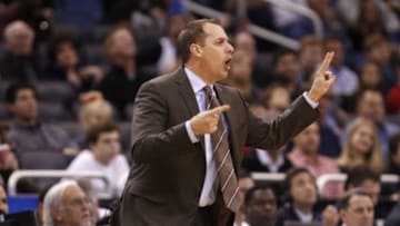 Jan 25, 2015; Orlando, FL, USA; Indiana Pacers head coach Frank Vogel calls a play against the Orlando Magic during the second half at Amway Center. Indiana Pacers defeated the Orlando Magic 106-99. Mandatory Credit: Kim Klement-USA TODAY Sports