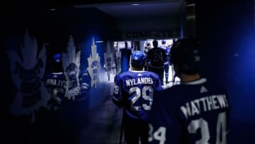 TORONTO, ON - APRIL 19: William Nylander #29 and Auston Matthews #34 of the Toronto Maple Leafs take the ice to play the Boston Bruins in Game Four of the Eastern Conference First Round during the 2018 NHL Stanley Cup Playoffs at the Air Canada Centre on April 19, 2018 in Toronto, Ontario, Canada. (Photo by Mark Blinch/NHLI via Getty Images)