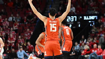 Jan 10, 2023; Lincoln, Nebraska, USA; Illinois Fighting Illini guard RJ Melendez (15) celebrates a three point basket against the Nebraska Cornhuskers in the second half at Pinnacle Bank Arena. Mandatory Credit: Steven Branscombe-USA TODAY Sports