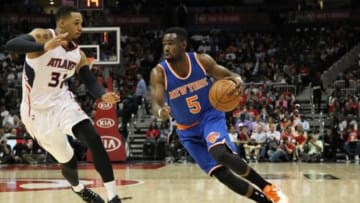 Apr 13, 2015; Atlanta, GA, USA; New York Knicks guard Tim Hardaway Jr. (5) drives to the basket against the Atlanta Hawks in the first quarter at Philips Arena. Mandatory Credit: Brett Davis-USA TODAY Sports