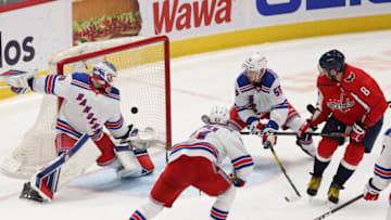 Washington Capitals left wing Alex Ovechkin (8) scores the go ahead goal on New York Rangers goaltender Alexandar Georgiev (40) Credit: Geoff Burke-USA TODAY Sports