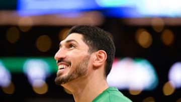 BOSTON, MA - OCTOBER 13: Enes Kanter #11 of the Boston Celtics smiles during warmups prior to the start of the game against the Cleveland Cavaliers at TD Garden on October 13, 2019 in Boston, Massachusetts. NOTE TO USER: User expressly acknowledges and agrees that, by downloading and or using this photograph, User is consenting to the terms and conditions of the Getty Images License Agreement. (Photo by Kathryn Riley/Getty Images)