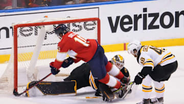 Oct 27, 2021; Sunrise, Florida, USA; Florida Panthers left wing Anthony Duclair (10) scores a goal past Boston Bruins goaltender Linus Ullmark (35) and defenseman Matt Grzelcyk (48) during the third period at FLA Live Arena. Mandatory Credit: Jasen Vinlove-USA TODAY Sports