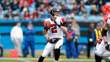 Dec 24, 2016; Charlotte, NC, USA; Atlanta Falcons quarterback Matt Ryan (2) looks to pass the ball during the fourth quarter against the Carolina Panthers at Bank of America Stadium. The Falcons defeated the Panthers 33-16. Mandatory Credit: Jeremy Brevard-USA TODAY Sports