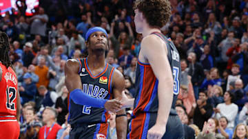 OKC Thunder guard Shai Gilgeous-Alexander (2) and guard Josh Giddey (3) celebrate during overtime against the Chicago Bulls at Paycom Center.: Alonzo Adams-USA TODAY Sports