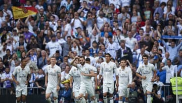 MADRID, SPAIN - MAY 14: Players of Real Madrid celebrates the first goal during the La Liga match between Real Madrid CF and Sevilla CF at Estadio Santiago Bernabeu on May 14, 2017 in Madrid, Spain. (Photo by fotopress/Getty Images )