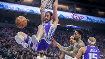 The Sacramento Kings' Kosta Koufos (41) finishes a dunk against the Denver Nuggets on Saturday, Jan. 6, 2018, at the Golden 1 Center in Sacramento, Calif. (Hector Amezcua/Sacramento Bee/TNS via Getty Images)