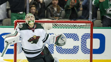 Nov 21, 2016; Dallas, TX, USA; Minnesota Wild goalie Darcy Kuemper (35) allows the game winning goal to Dallas Stars left wing Jamie Benn (not pictured) during the overtime period at the American Airlines Center. The Stars defeat the Wild 3-2 in overtime. Mandatory Credit: Jerome Miron-USA TODAY Sports