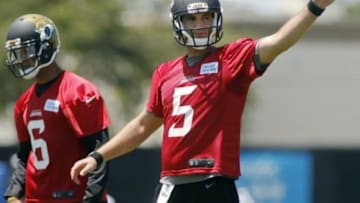 May 16, 2014; Jacksonville, FL, USA; Jacksonville Jaguars quarterback Blake Bortles (5) gestures during rookie minicamp at Florida Blue Health and Wellness Practice Fields. Mandatory Credit: Phil Sears-USA TODAY Sports