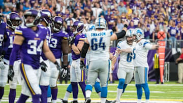Nov 6, 2016; Minneapolis, MN, USA; Detroit Lions kicker Matt Prater (5) celebrates his game-tying field goal during the fourth quarter against the Minnesota Vikings at U.S. Bank Stadium. The Lions defeated the Vikings 22-16. Mandatory Credit: Brace Hemmelgarn-USA TODAY Sports