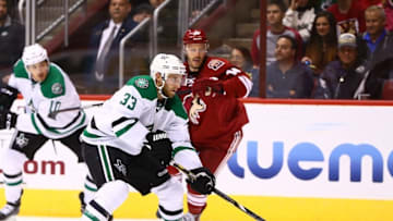 Nov 11, 2014; Glendale, AZ, USA; Dallas Stars defenseman Alex Goligoski (33) against the Arizona Coyotes at Gila River Arena. Mandatory Credit: Mark J. Rebilas-USA TODAY Sports