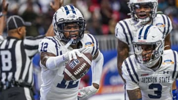 Dec 17, 2022; Atlanta, GA, USA; Jackson State Tigers wide receiver Travis Hunter (12) reacts after catching a touchdown against the North Carolina Central Eagles during the second half during the Celebration Bowl at Mercedes-Benz Stadium. Mandatory Credit: Dale Zanine-USA TODAY Sports