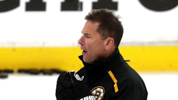 BOSTON - MAY 28: Boston Bruins head coach Bruce Cassidy looks on during Boston Bruins practice at TD Garden in Boston in preparation for Game 2 of the Stanley Cup Finals on May 28, 2019. (Photo by Barry Chin/The Boston Globe via Getty Images)