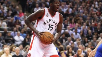 Nov 10, 2015; Toronto, Ontario, CAN; Toronto Raptors forward Anthony Bennett (15) with the ball against the New York Knicks at Air Canada Centre. The Knicks beat the Raptors 111-109. Mandatory Credit: Tom Szczerbowski-USA TODAY Sports