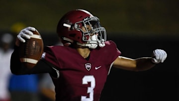 MBAÕs Lucien Brunetti (3) celebrates his touchdown catch against the Ensworth during the first half at Montgomery Bell Academy Friday, Sept. 27, 2019 in Nashville, Tenn.Nas Photos Ensworth Vs Mba 026