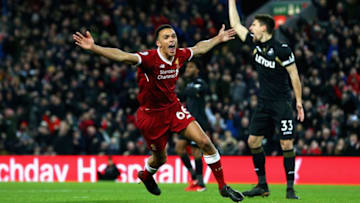 LIVERPOOL, ENGLAND - DECEMBER 26: Trent Alex Arnold of Liverpool celebrates after scoring his sides third goal during the Premier League match between Liverpool and Swansea City at Anfield on December 26, 2017 in Liverpool, England. (Photo by Jan Kruger/Getty Images)