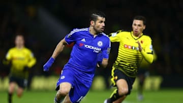 WATFORD, ENGLAND - FEBRUARY 03: Diego Costa of Chelsea makes a break during the Barclays Premier League match between Watford and Chelsea at Vicarage Road on February 3, 2016 in Watford, England. (Photo by Clive Mason/Getty Images)