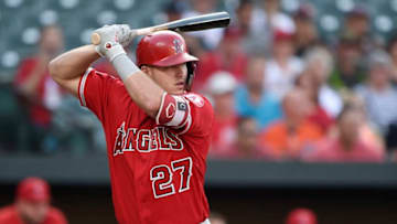 BALTIMORE, MD - JUNE 29: Mike Trout #27 of the Los Angeles Angels of Anaheim bats against the Baltimore Orioles in the first inning at Oriole Park at Camden Yards on June 29, 2018 in Baltimore, Maryland. (Photo by Patrick McDermott/Getty Images)