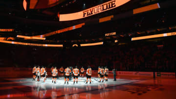 Oct 9, 2019; Philadelphia, PA, USA; Philadelphia Flyers on ice during player introductions against the New Jersey Devils at Wells Fargo Center. Mandatory Credit: Eric Hartline-USA TODAY Sports