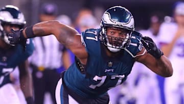 EAST RUTHERFORD, NJ - OCTOBER 11: Philadelphia Eagles defensive end Michael Bennett (77) during the National Football League game between the New York Giants and the Philadelphia Eagles on October 11, 2018 at MetLife Stadium in East Rutherford, NJ. (Photo by Rich Graessle/Icon Sportswire via Getty Images)