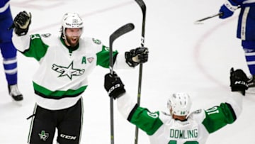 TORONTO, ON - JUNE 2 - Travis Morin (23) of the Stars celebrates his goal with Justin Dowling (10) during the 2nd period of the Calder Cup Finals game 1 as the Toronto Marlies host the Texas Stars at the Ricoh Coliseum on June 2, 2018. (Carlos Osorio/Toronto Star via Getty Images)