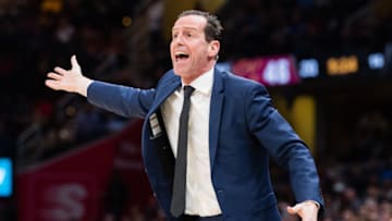 CLEVELAND, OH - FEBRUARY 27: Kenny Atkinson of the Brooklyn Nets yells to his players during the first half against the Cleveland Cavaliers at Quicken Loans Arena on February 27, 2018 in Cleveland, Ohio. NOTE TO USER: User expressly acknowledges and agrees that, by downloading and or using this photograph, User is consenting to the terms and conditions of the Getty Images License Agreement. (Photo by Jason Miller/Getty Images)