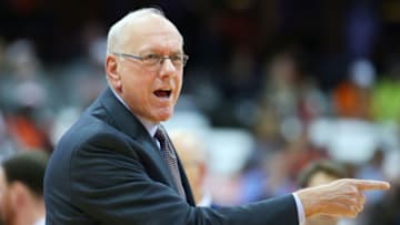SYRACUSE, NY - OCTOBER 25: Head coach Jim Boeheim of the Syracuse Orange reacts to a call against the St. Rose Golden Knights during the second half at the Carrier Dome on October 25, 2018 in Syracuse, New York. Syracuse defeated St. Rose 80-49. (Photo by Rich Barnes/Getty Images)