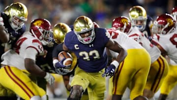 SOUTH BEND, IN - OCTOBER 21: Josh Adams #33 of the Notre Dame Fighting Irish runs the ball during a game against the USC Trojans at Notre Dame Stadium on October 21, 2017 in South Bend, Indiana. Notre Dame won 49-14. (Photo by Joe Robbins/Getty Images)