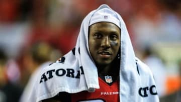 Aug 8, 2013; Atlanta, GA, USA; Atlanta Falcons wide receiver Roddy White (84) on the sidelines in the second half against the Cincinnati Bengals at the Georgia Dome. The Bengals won 34-10. Mandatory Credit: Daniel Shirey-USA TODAY Sports