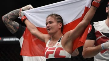 May 8, 2016; Rotterdam, Netherlands; Karolina Kowalkiewicz is declared the winner by decision against Heather Jo Clark during UFC Fight Night at Ahoy Rotterdam. Mandatory Credit: Per Haljestam-USA TODAY Sports