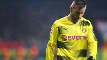 Dortmund's Ukrainian forward Andriy Yarmolenko reacts during the German First division Bundesliga football match Bayer Leverkusen vs Borussia Dortmund on December 2, 2017 in Leverkusen, western Germany. / AFP PHOTO / PATRIK STOLLARZ / RESTRICTIONS: DURING MATCH TIME: DFL RULES TO LIMIT THE ONLINE USAGE TO 15 PICTURES PER MATCH AND FORBID IMAGE SEQUENCES TO SIMULATE VIDEO. == RESTRICTED TO EDITORIAL USE == FOR FURTHER QUERIES PLEASE CONTACT DFL DIRECTLY AT 49 69 650050 (Photo credit should read PATRIK STOLLARZ/AFP/Getty Images)