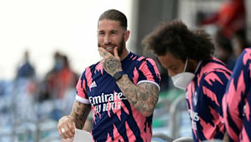 Real Madrid's Spanish defender Sergio Ramos and Real Madrid's Brazilian defender Marcelo look on from the stand during the Spanish league football match Real Madrid CF against Villarreal CF at the Alfredo di Stefano stadium in Valdebebas, on the outskirts of Madrid, on May 22, 2021. (Photo by JAVIER SORIANO / AFP) (Photo by JAVIER SORIANO/AFP via Getty Images)