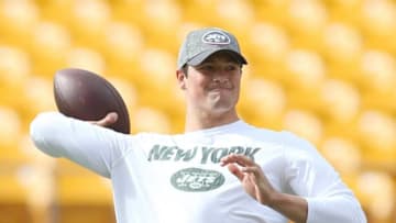Oct 9, 2016; Pittsburgh, PA, USA; New York Jets quarterback Christian Hackenberg (5) warms up before playing the Pittsburgh Steelers at Heinz Field. Mandatory Credit: Charles LeClaire-USA TODAY Sports