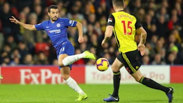 WATFORD, ENGLAND - DECEMBER 26: Pedro of Chelsea battles for possession with Craig Cathcart of Watford during the Premier League match between Watford FC and Chelsea FC at Vicarage Road on December 26, 2018 in Watford, United Kingdom. (Photo by Warren Little/Getty Images)
