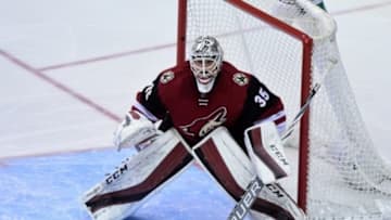 Jan 18, 2016; Glendale, AZ, USA; Arizona Coyotes goalie Louis Domingue (35) defends during the second period against the Buffalo Sabres at Gila River Arena. Mandatory Credit: Matt Kartozian-USA TODAY Sports