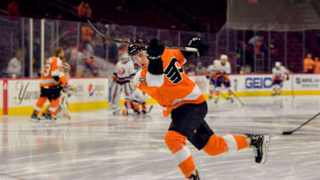 PHILADELPHIA, PA - SEPTEMBER 17: Philadelphia Flyers defenseman Philippe Myers (61) warms up before the NHL Preseason game between the New York Islanders and the Philadelphia Flyers on September 17, 2018 at the Wells Fargo Center in Philadelphia PA. (Photo by Gavin Baker/Icon Sportswire via Getty Images)