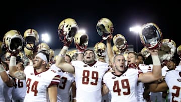DEKALB, IL - SEPTEMBER 01: Boston College Eagles players celebrate after a win against the Northern Illinois Huskies at Huskie Stadium on September 1, 2017 in DeKalb, Illinois. Boston College won 23-20. (Photo by Joe Robbins/Getty Images)