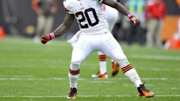 Oct 14, 2012; Cleveland, OH, USA; Cleveland Browns running back Montario Hardesty (20) celebrates a run in the second half against the Cincinnati Bengals at Cleveland Browns Stadium. Mandatory Credit: David Richard-USA TODAY Sports