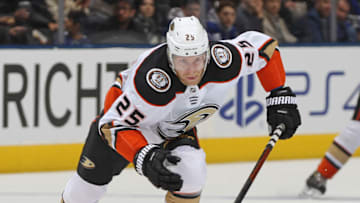 TORONTO, ON - FEBRUARY 7: Ondrej Kase #25 of the Anaheim Ducks skates against the Toronto Maple Leafs during an NHL game at Scotiabank Arena on February 7, 2020 in Toronto, Ontario, Canada. The Maple Leafs defeated the Ducks 5-4 in overtime. (Photo by Claus Andersen/Getty Images)