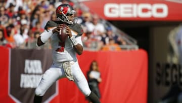 Nov 13, 2016; Tampa, FL, USA; Tampa Bay Buccaneers quarterback Jameis Winston (3) drops back against the Chicago Bears during the first half at Raymond James Stadium. Mandatory Credit: Kim Klement-USA TODAY Sports