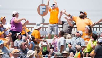 A foul ball is caught during a NCAA Tournament softball game between the Lady Vols and North Carolina, at Sherri Lee Parker Stadium in Knoxville, Sunday, May 19, 2019. North Carolina defeated Tennessee 1-0.Utncsoftball0519 1010