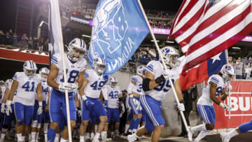 HOUSTON, TEXAS - OCTOBER 16: The BYU Cougars take the field before the game against the Houston Cougars at TDECU Stadium on October 16, 2020 in Houston, Texas. (Photo by Tim Warner/Getty Images)