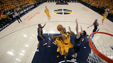 SALT LAKE CITY, UT - APRIL 27: Alec Burks #10 of the Utah Jazz shoots the ball against the Oklahoma City Thunder in Game Six of the Western Conference Quarterfinals during the 2018 NBA Playoffs on April 27, 2018 at vivint.SmartHome Arena in Salt Lake City, Utah. Copyright 2018 NBAE (Photo by Melissa Majchrzak/NBAE via Getty Images)