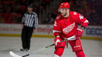 DETROIT, MI - FEBRUARY 20: Martin Frk #42 of the Detroit Red Wings skates up ice against the Nashville Predators during an NHL game at Little Caesars Arena on February 20, 2018 in Detroit, Michigan. The Predators defeated the Wings 3-2. (Photo by Dave Reginek/NHLI via Getty Images)