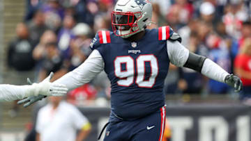 Sep 25, 2022; Foxborough, Massachusetts, USA; New England Patriots defensive tackle Christian Barmore (90) reacts during the first half against the Baltimore Ravens at Gillette Stadium. Mandatory Credit: Paul Rutherford-USA TODAY Sports