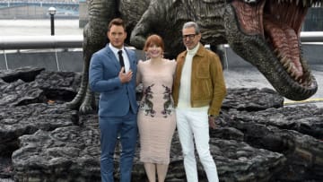LONDON, ENGLAND - MAY 24: Bryce Dallas Howard, Chris Pratt and Jeff Goldblum attend the 'Jurassic World: Fallen Kingdom' photocall at London Bridge on May 24, 2018 in London, England. (Photo by Stuart C. Wilson/Getty Images)