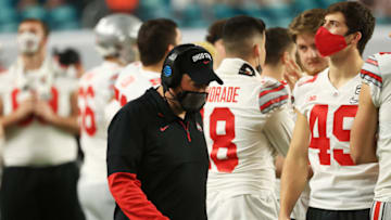 MIAMI GARDENS, FLORIDA - JANUARY 11: Head coach Ryan Day of the Ohio State Buckeyes is seen during the second quarter of the College Football Playoff National Championship game against the Alabama Crimson Tide at Hard Rock Stadium on January 11, 2021 in Miami Gardens, Florida. (Photo by Mike Ehrmann/Getty Images)
